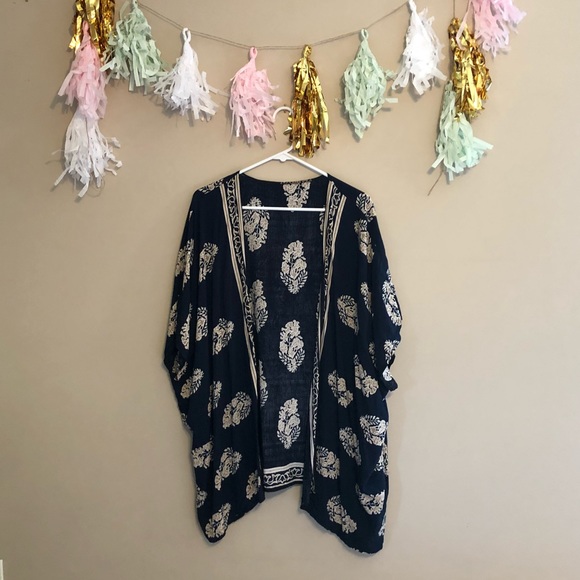 Tops - Blue and Gold Leaf Kimono